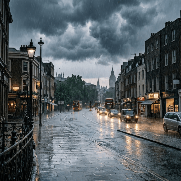 Pedestrians with umbrellas walking on a wet London street in rain with Big Ben in the distance